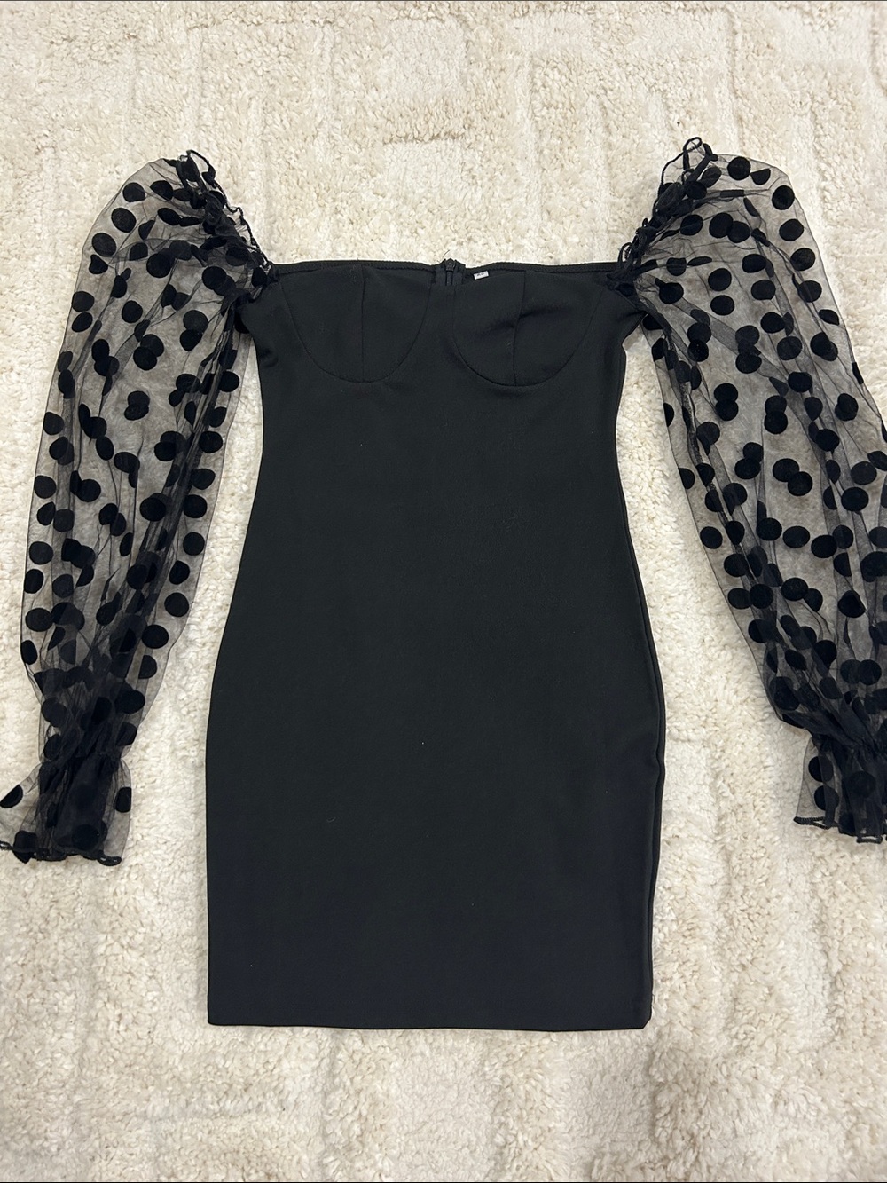 Black Mini Dress with Polka Dot Mesh Puff Sleeves